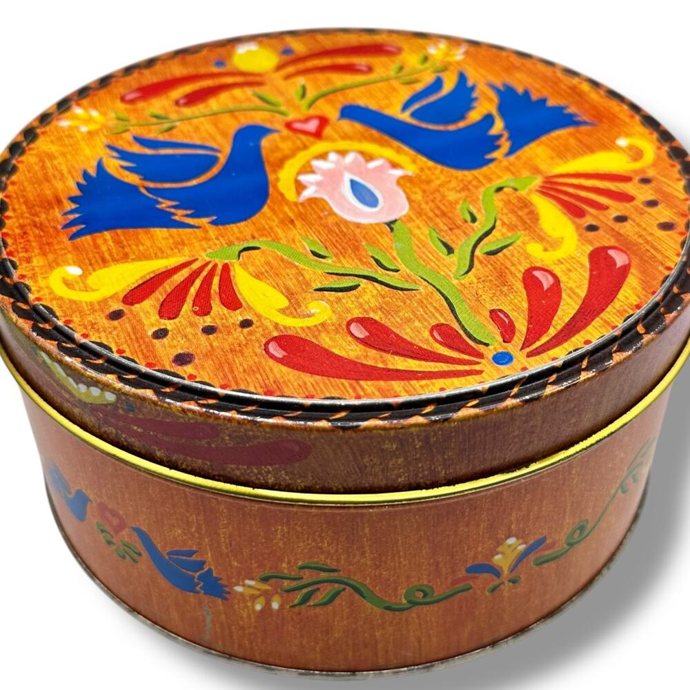 Vintage Pennsylvania Dutch Tole Style round cookie tin - retro cute